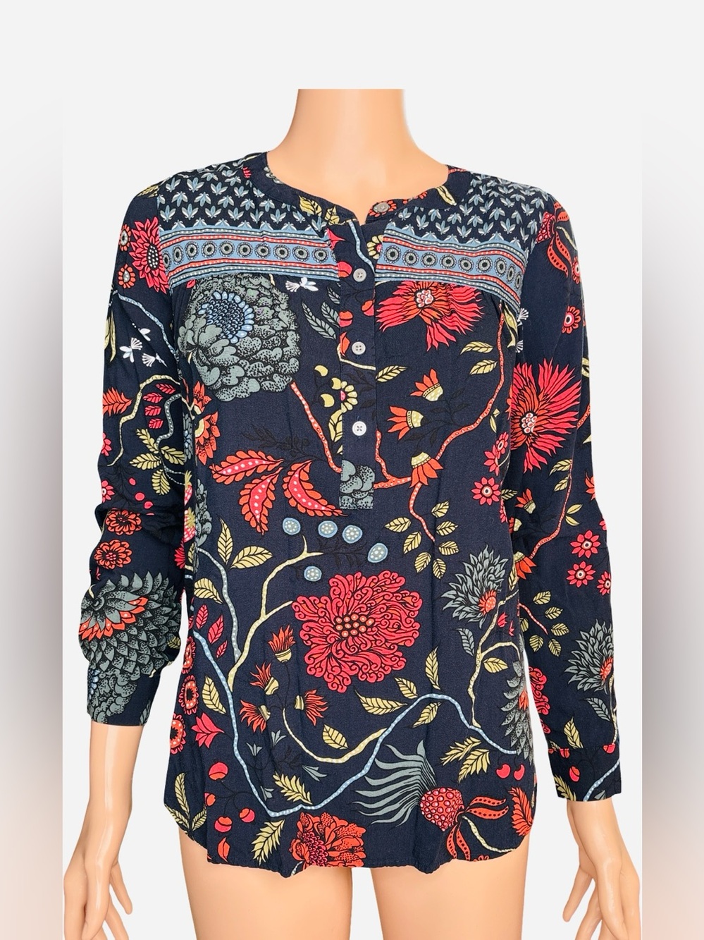 LOFT Navy Floral Tunic with Red & Yellow Accents XSP